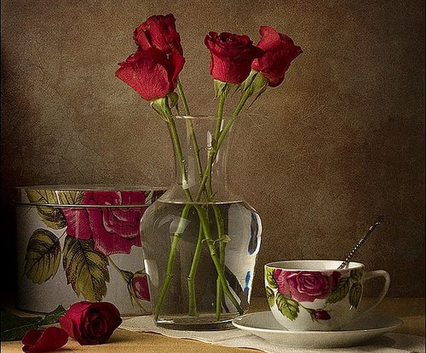 Love Roses, róża, piękna, filiżanka, czerwień Tapeta HD