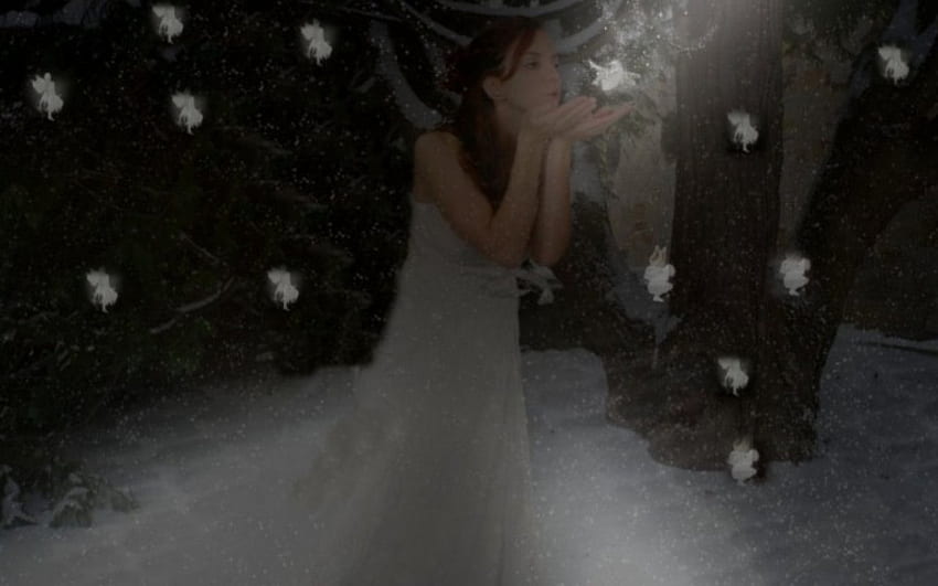 ~ Fairies In Darkness, girl, fairies, blowing, night-time HD wallpaper