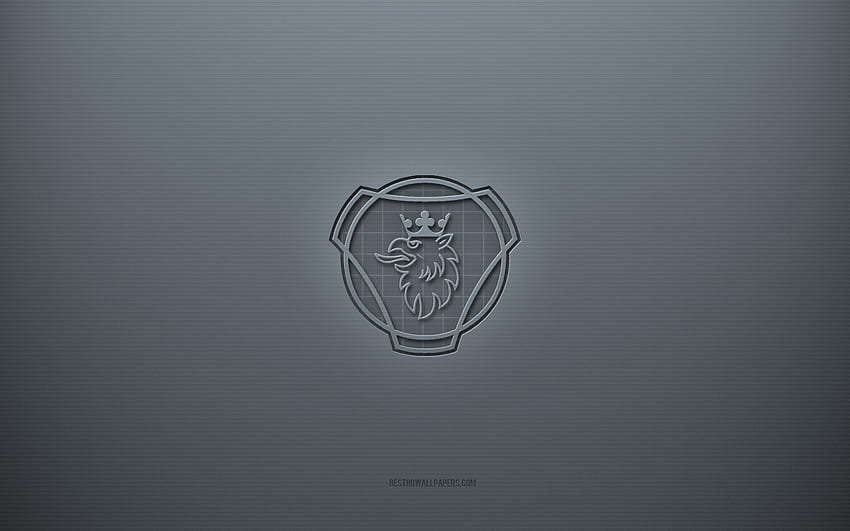 Scania-Logo, grauer kreativer Hintergrund, Scania-Emblem, graue Papierstruktur, Scania, grauer Hintergrund, Scania 3D-Logo HD-Hintergrundbild