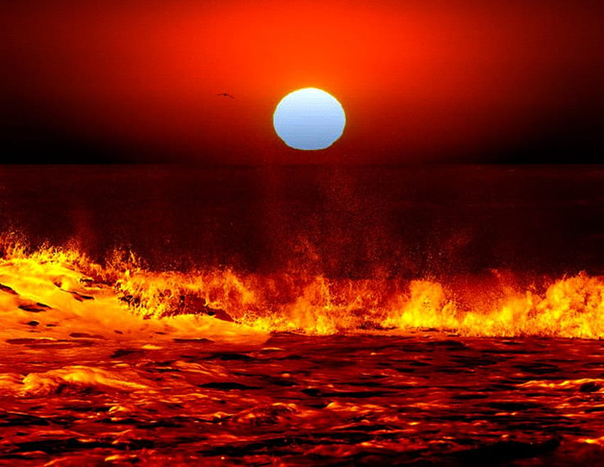 Oceano in fiamme, caldo, rosso, sole, fuoco, oceano Sfondo HD