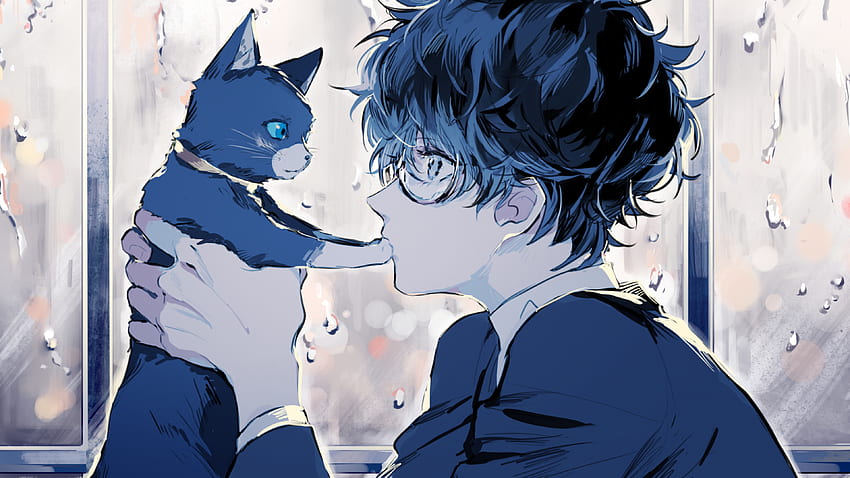 Persona 5, Kurusu Akira, Chico anime, Gato, Gafas, Perfil - Chicos lindos de anime con cabello azul - - fondo de pantalla