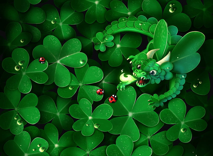 Clover dragon, ladybug, jessie polfliet, clover, cute, mini, verde, trifoi, fantasy, green, dragon HD wallpaper