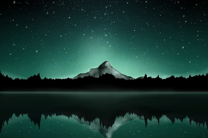 Mountain, summit, starry sky, lake, reflections, art HD wallpaper