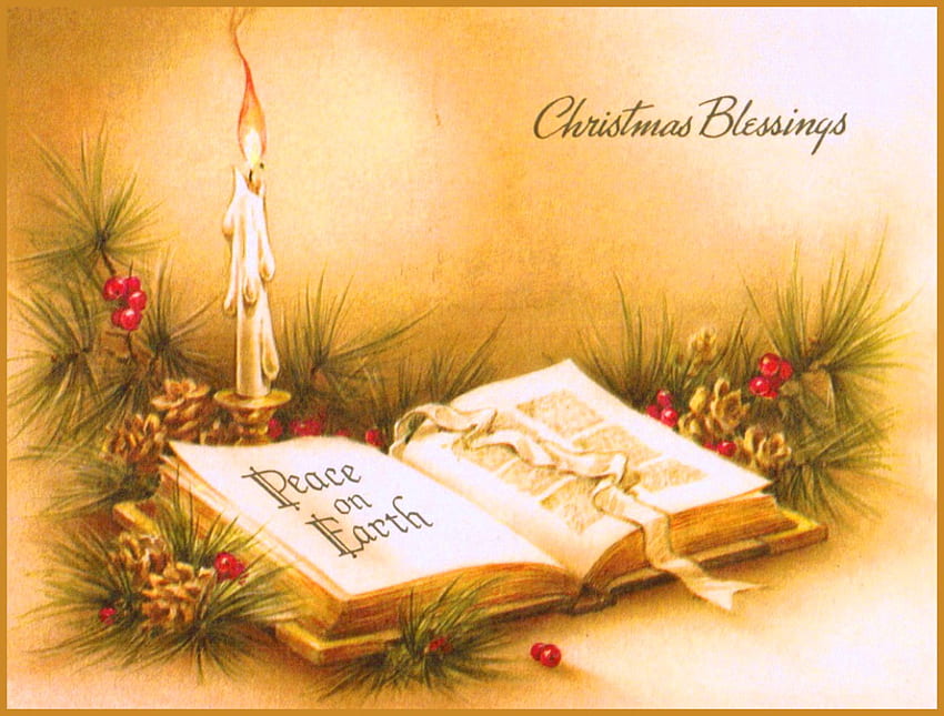 Christmas Blessings, peace on earth, book, boughs, candle, christmas, flame, gold HD wallpaper