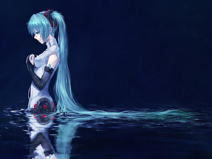 Hatsune Miku, blau, traurig, Roboter, Mädchen, Doppelschwänze, lange Haare, Wasser HD-Hintergrundbild