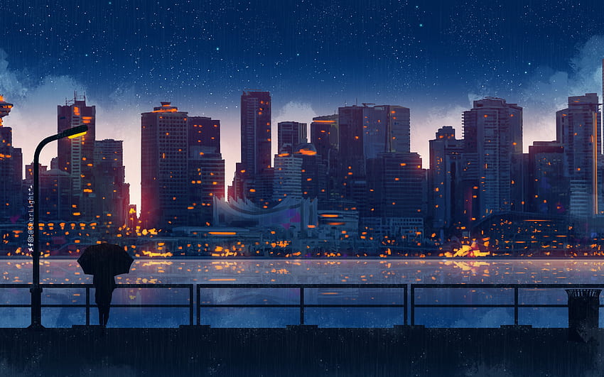 Anime City Lights Night Rain Umbrella Sky Macbook Pro HD wallpaper