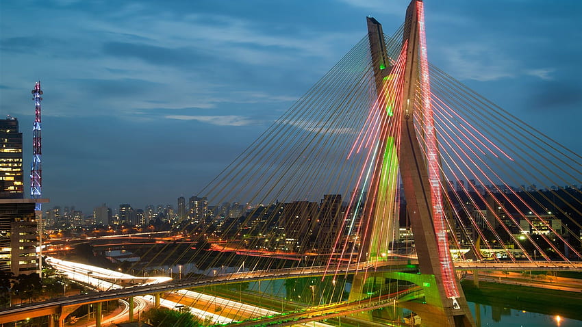 Brazil, Sao Paulo, chain bridge, river, night, lights, illumination U HD wallpaper