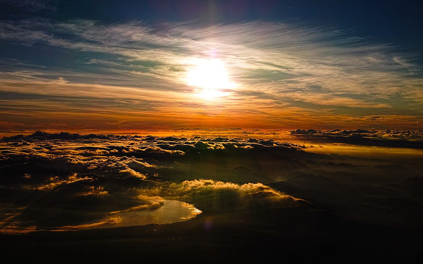 Jepang, gunung, matahari terbit, awan, sungai, Matahari, pemandangan langit Wallpaper HD