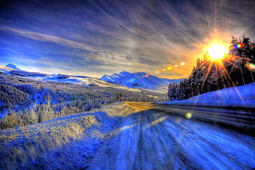 Musim dingin di Alaska, lanskap, pegunungan, salju, matahari terbenam Wallpaper HD