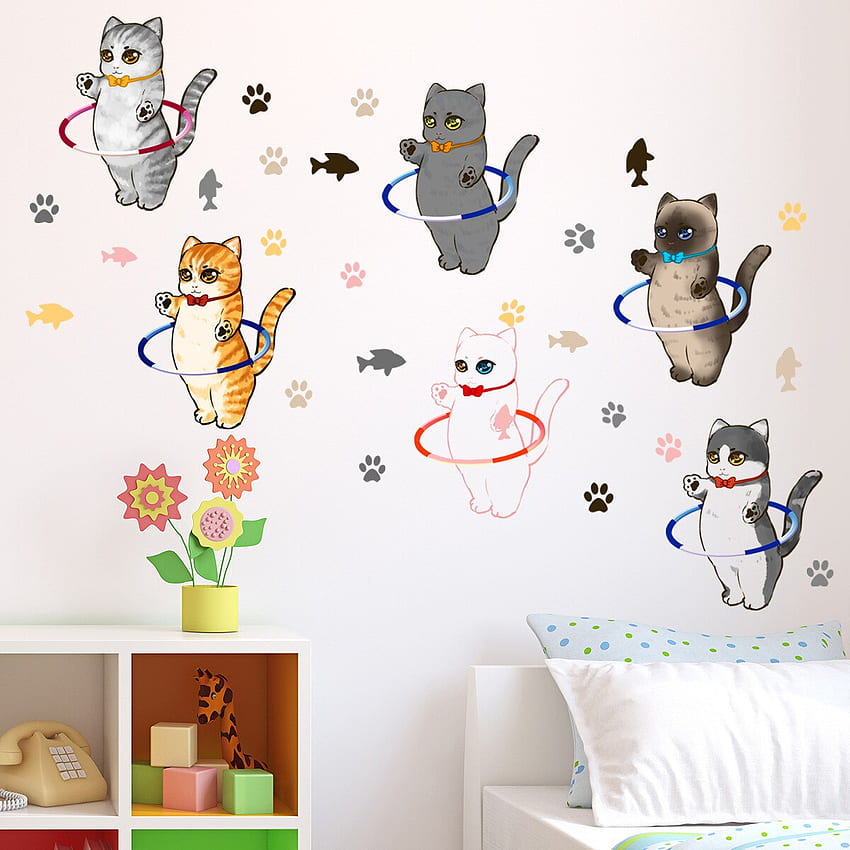 Adesivi murali colorati Hula Hoop Cat Fitness per soggiorno Decorazione fai da te Anime Poster Home Decor Cute Cat Paw Print. Adesivi murali. - AliExpress Sfondo del telefono HD