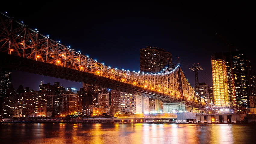 the queens borough bridge in nyc at night, night, river, city, lights, bridge HD wallpaper