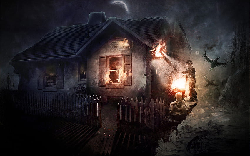 Casa noite crianças fogo luzes cerca pássaro fogo escuro horror fantasia papel de parede HD