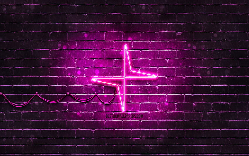 Polestar purple logo, , purple brickwall, Polestar logo, cars brands, Polestar neon logo, Polestar HD wallpaper