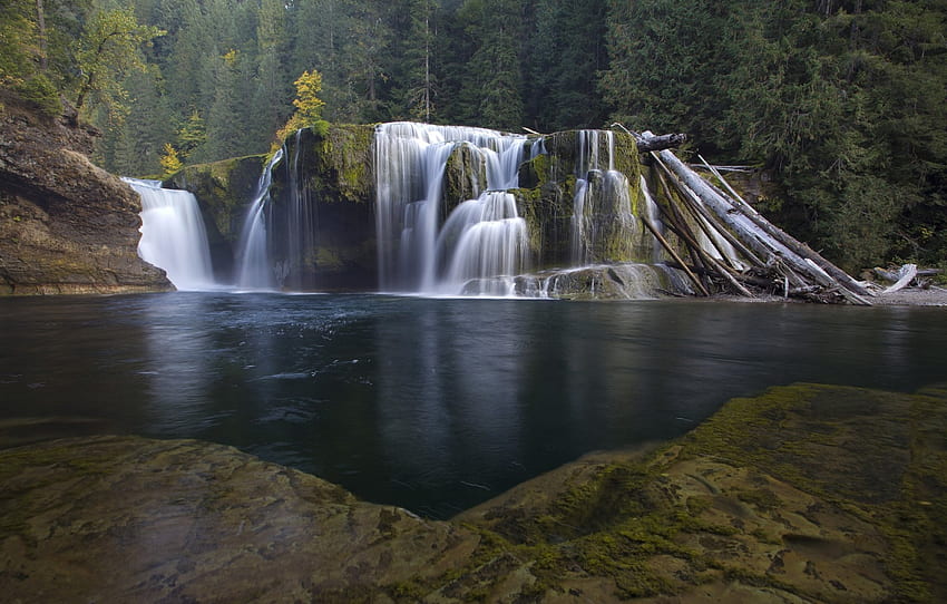 Beautiful Waterfall, trees, waterfall, beautiful, nature, mountains, water HD wallpaper