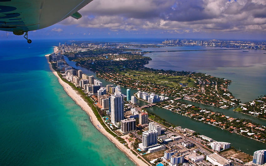 Градове, град, изглед отгоре, океан, полет, Маями HD тапет