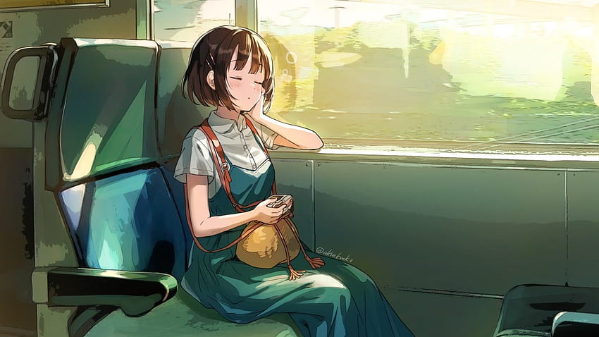 Ragazza anime assonnata, viaggio in treno, vestito, fetta di vita, finestre, umore, macchina grafica, capelli corti Sfondo HD