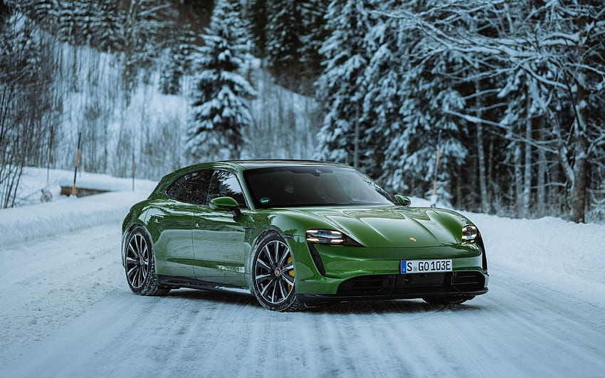 Porsche Taycan Turbo Sport Turismo, hiver, 2022 voitures, Taycan vert, tout-terrain, voitures électriques, 2022 Porsche Taycan, voitures allemandes, Porsche Fond d'écran HD