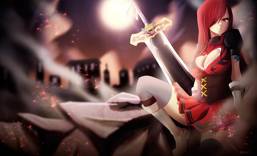 Erza Scarlet, erza, sword, anime, fairy tail, red, girl, long hair HD wallpaper