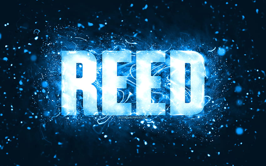 Happy Birtay Reed, , luzes de neon azuis, nome Reed, criativo, Reed Happy Birtay, Reed Birtay, nomes masculinos americanos populares, com nome Reed, Reed papel de parede HD