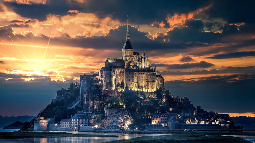 Mont Saint Michel, Insel, antike Architektur, Spiegelung, Nacht, Sonnenuntergang, Morgendämmerung, Welt HD-Hintergrundbild