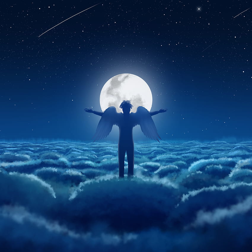 Moon , Above clouds, Dream, Man, Wings, Night, Blue, Fantasy, Blue Moonlight HD phone wallpaper