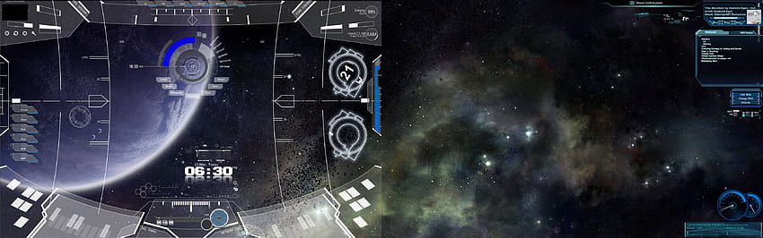 Научнофантастичен пейзаж с двоен екран, футуристичен дисплей HD тапет