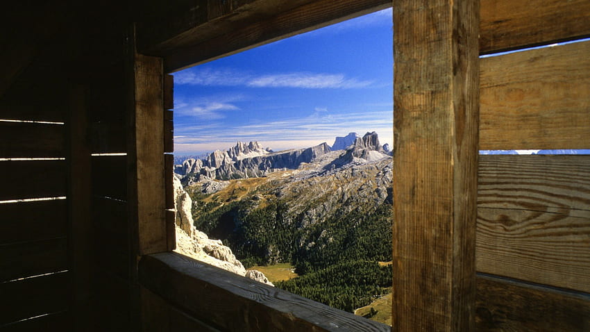 italian alps through a cabins window, view, mountains, window, cabin HD wallpaper
