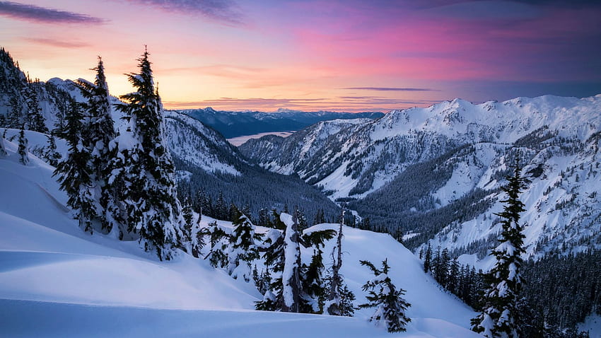 Каскадни планини на разсъмване, Вашингтон, художник точка, долина, сняг, пейзаж, дървета, цветове, небе, САЩ, зима HD тапет
