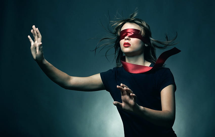 Blindfolded woman, red, Blindfolded, woman, girl, HD wallpaper