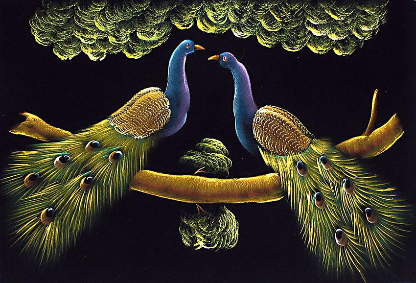 Peacocks, limb, abstract, tree HD wallpaper