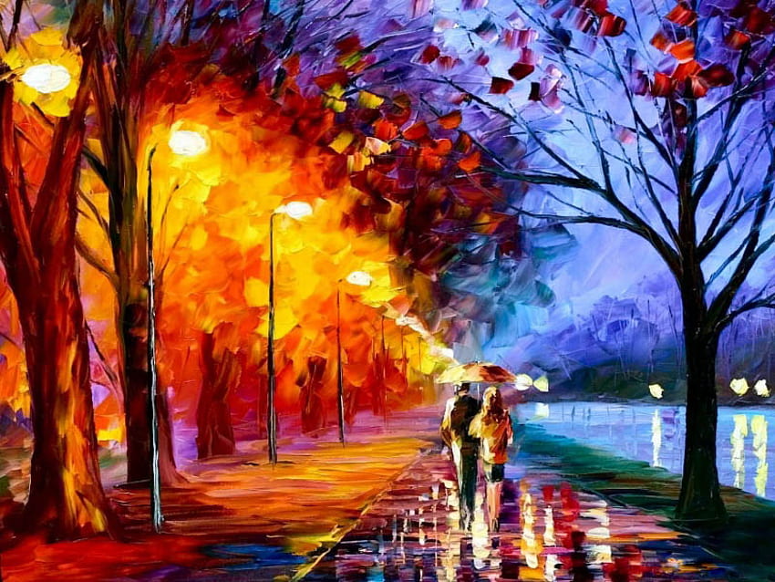 Notte colorata, coppie, colore, pieno, romantico, tramonto, passeggiata, albero Sfondo HD