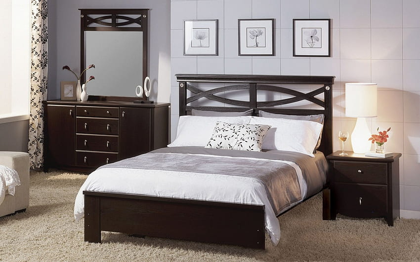Kamar yang indah, nyaman, cermin, tempat tidur, lampu, bersantai, bantal, kaca, bunga, indah Wallpaper HD