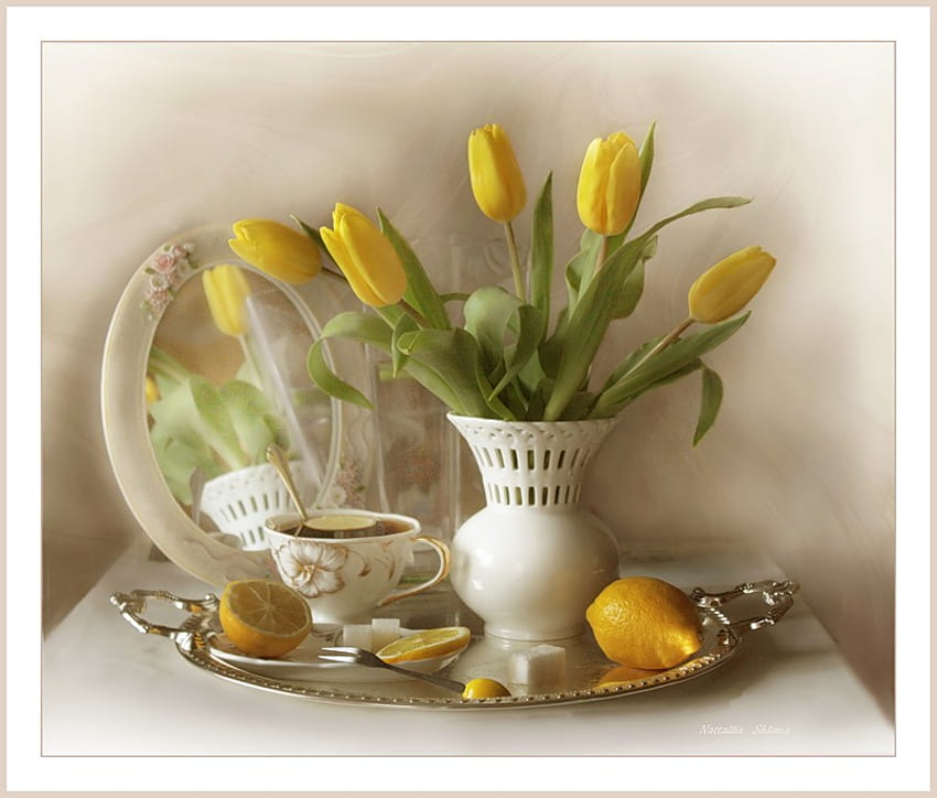 still life, bouquet, tulip, gentle, graphy, tea, sugar, tulips, beauty, nice, reflection, flower, lemon, fruit, , mirror, white, elegantly, vase, beautiful, cup, pretty, yellow, cool, flowers, lovely, harmony, drink HD wallpaper