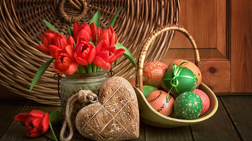 Easter still life, holiday, beautiful, flowers, easter, heart, tulips, eggs, bouquet, basket, still life HD wallpaper