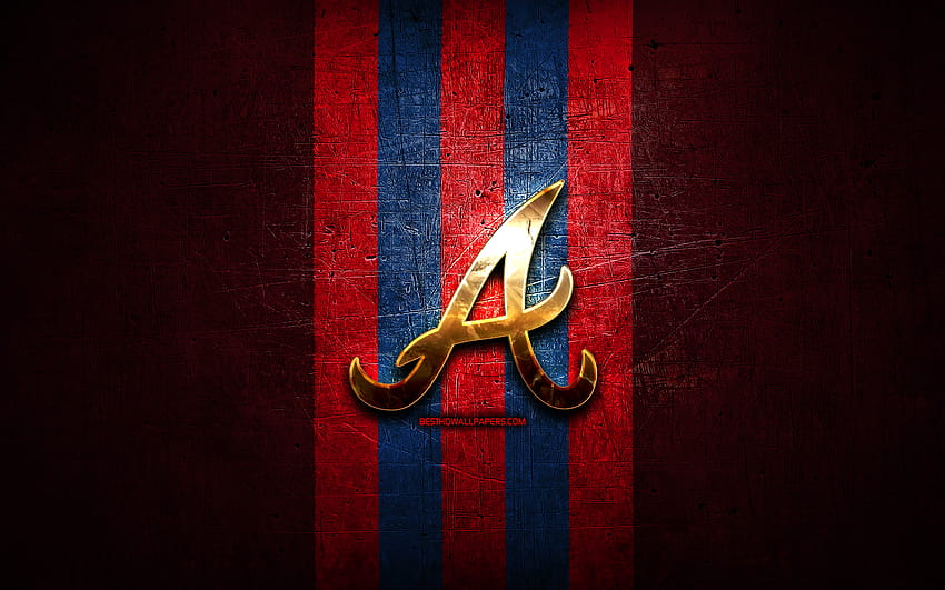 Atlanta Braves emblem, MLB, golden emblem, red metal background, american baseball team, Major League Baseball, baseball, Atlanta Braves HD wallpaper
