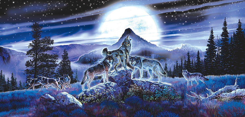 Wolves Night, stars, wolf, wolfpack, predators, artwork, painting, moon, trees, mountains HD wallpaper