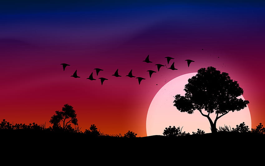 Ağaçlar ve uçan kuşlar ile kırmızı gökyüzü gün batımı veya gün doğumu doğa arka planı 4865259 Vecteezy, Birds and Trees'de Vektör Sanatı HD duvar kağıdı