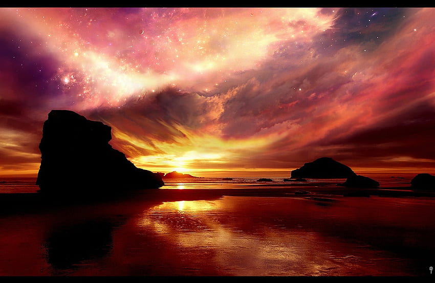 Marzycielski zachód słońca, niebieski, morze, fioletowy, różowy, natura, skały, zachód słońca Tapeta HD