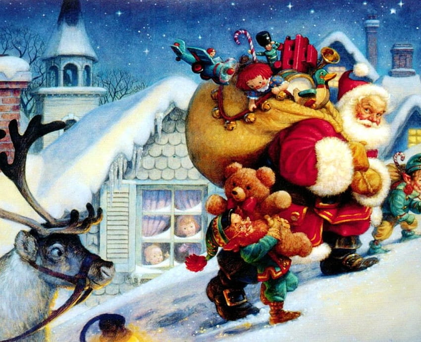 Papá Noel en el tejado, invierno, obras de arte, pintura, nieve, navidad, regalos fondo de pantalla