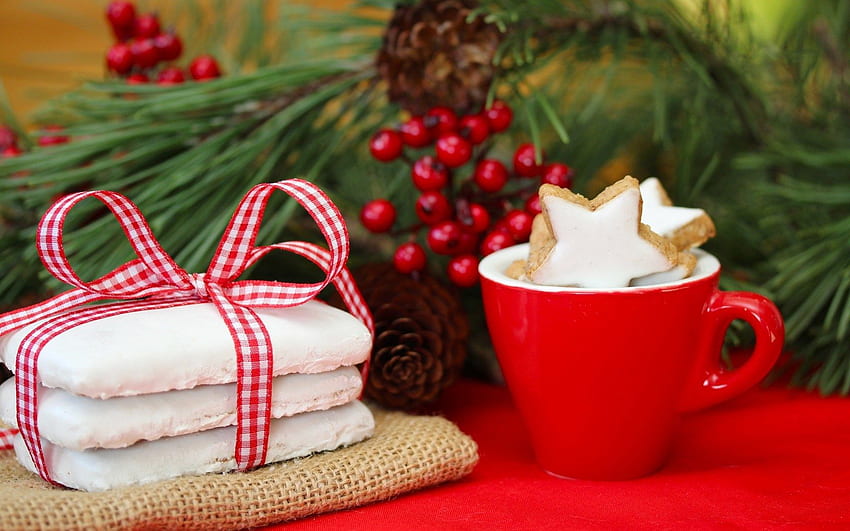 Cookies Cup Red Christmas Stars Branch Pine Cones, Christmas Mug HD wallpaper