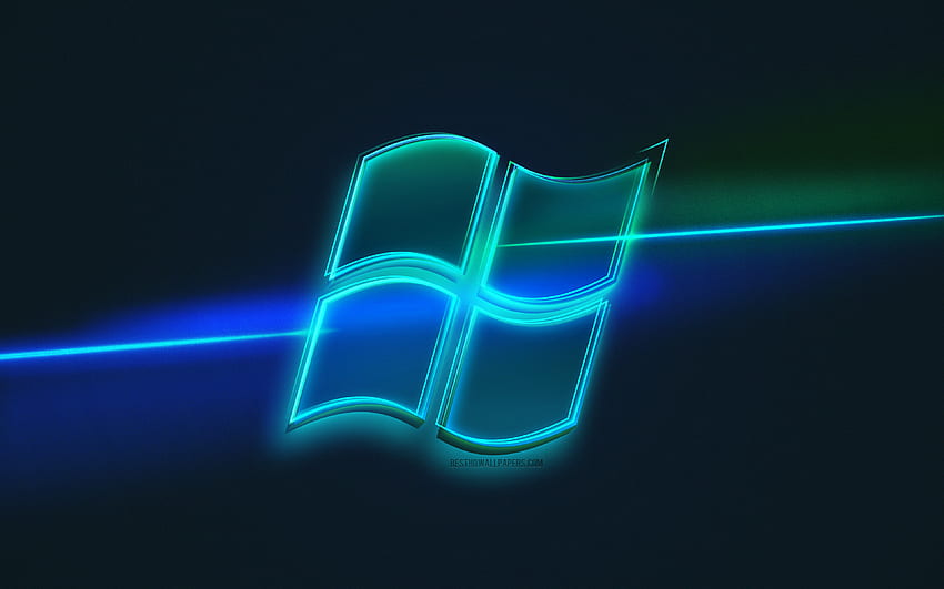 Лого на Windows, светло изкуство, старо лого на Windows, емблема на Windows, фон със синя светла линия, неоново лого на Windows, творческо изкуство, Windows HD тапет