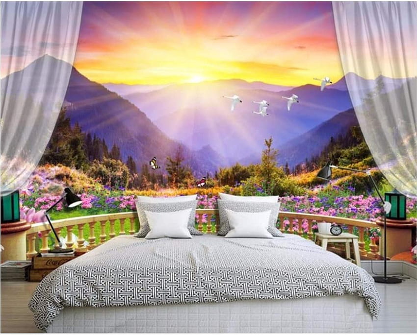 Pbldb Beautiful Colorful Balcony Mountain Bedroom Nature Scenery 3D Wall Murals For Sofa 120X100Cm: Furniture & Decor HD wallpaper