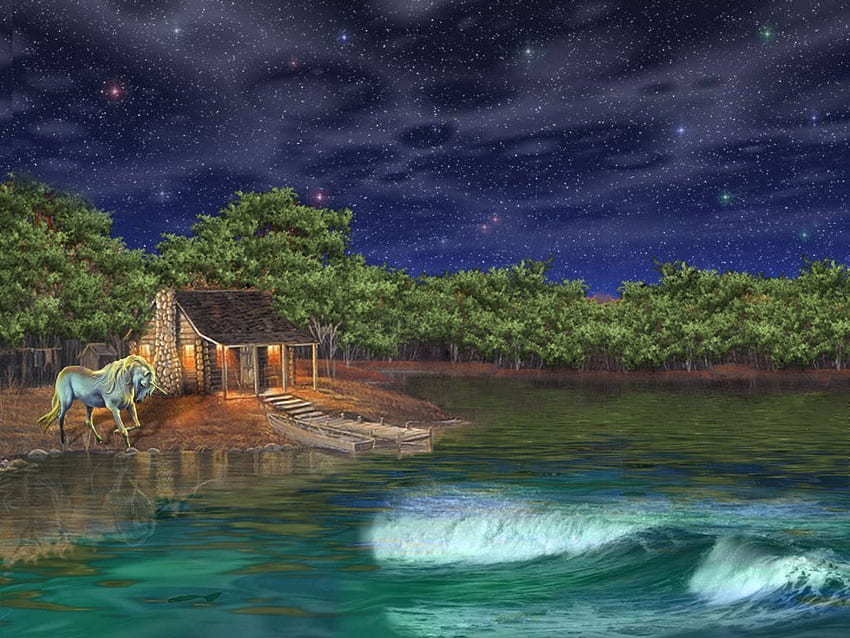 UNICORN, NIGHT, CANOE, HOUSE, TREES, FOREST, STARS, LAKE, SKY HD wallpaper