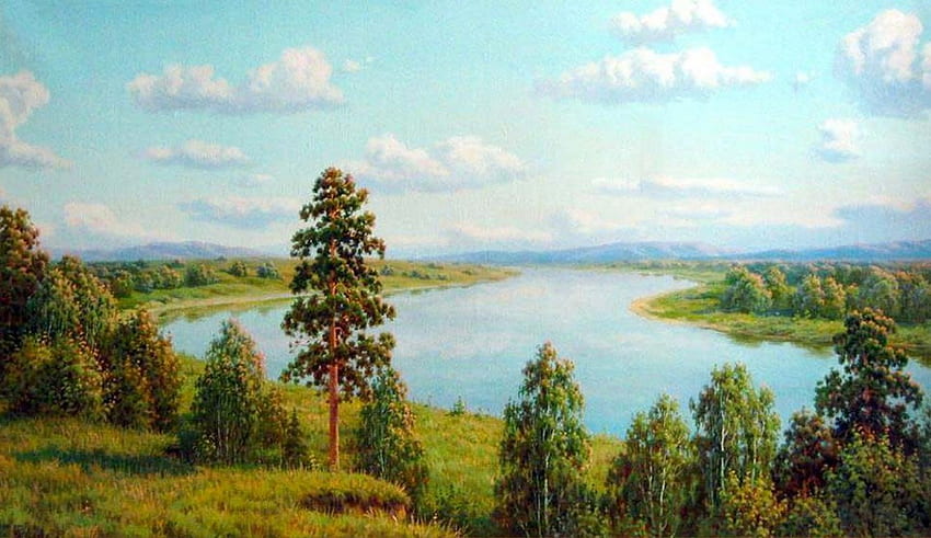 Panasenko. Our users, river, painting, art, panasenko, nature, tree HD wallpaper