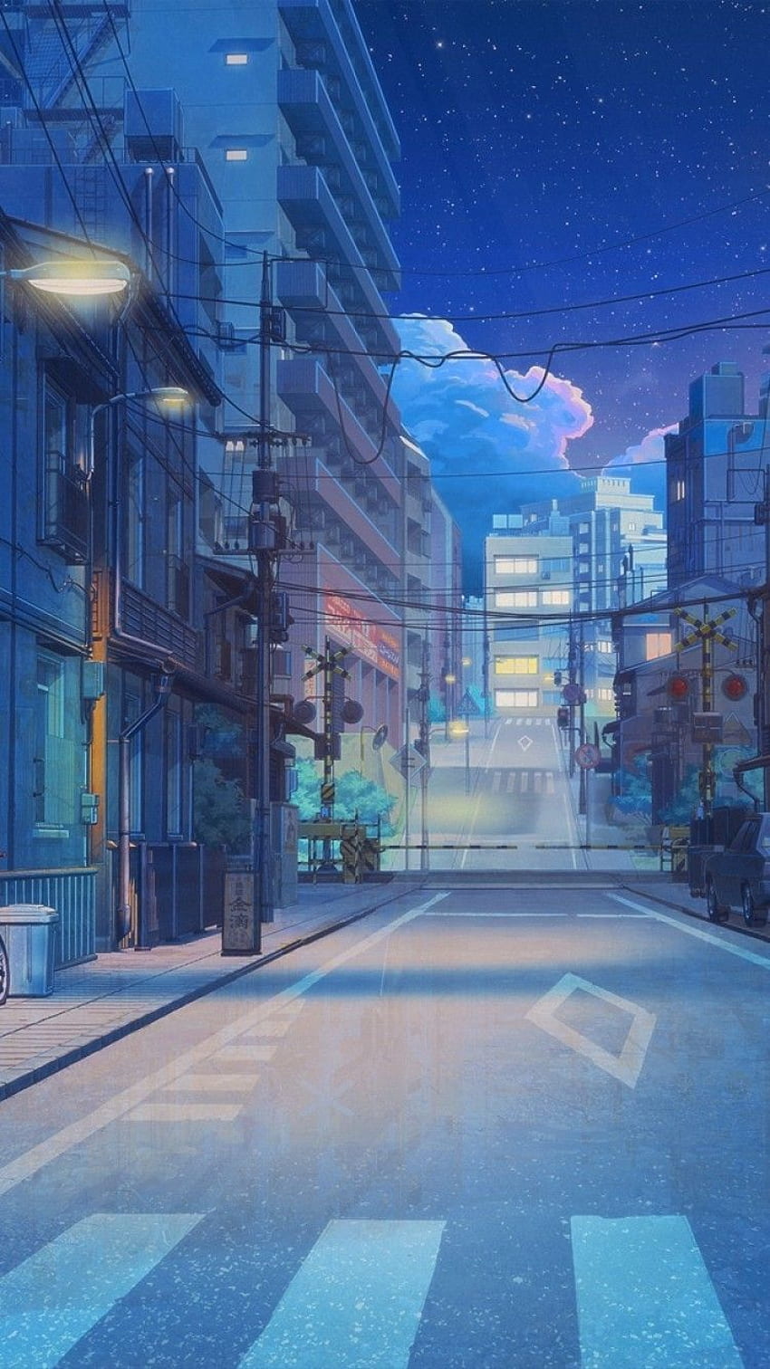 Anime Ulica, Droga, Budynki, Sceneria, Noc, Gwiazdy na iPhone'a 7, iPhone'a 6, 750x1334 Anime Tapeta na telefon HD