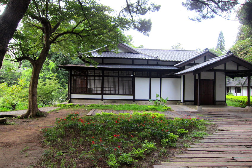 Къща в японски стил, японски стил, цветя, къща, парк HD тапет