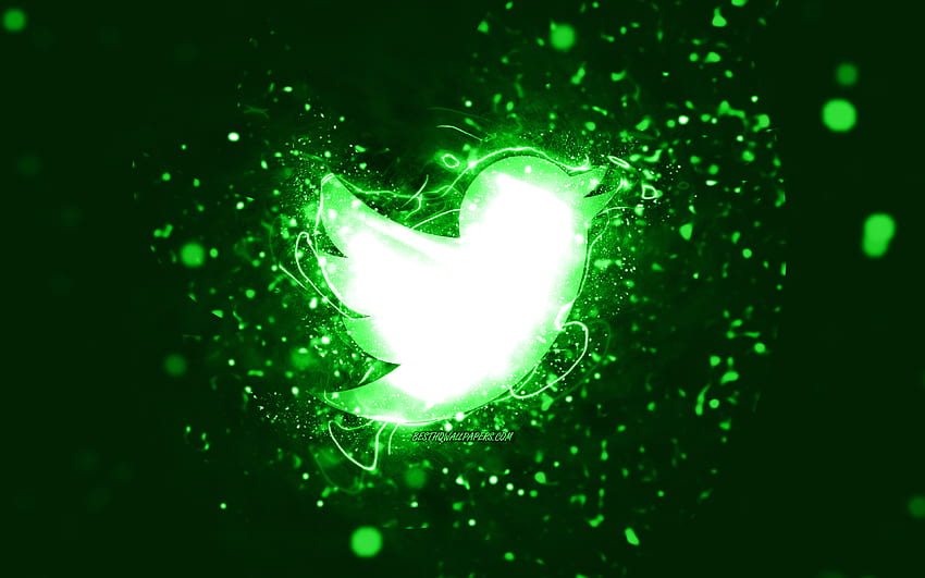 Twitter yeşil logosu, yeşil neon ışıklar, yaratıcı, yeşil soyut arka plan, Twitter logosu, sosyal ağ, Twitter HD duvar kağıdı