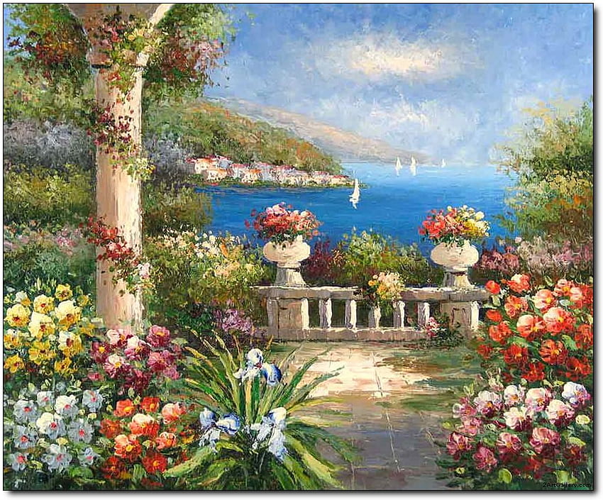 Serene , blue, sea, column, patio, planters, boats, vines, flowers, water HD wallpaper