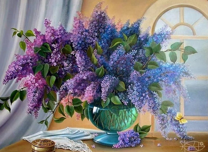 Lilacs, artwork, still life, painting, vase, flowers HD wallpaper