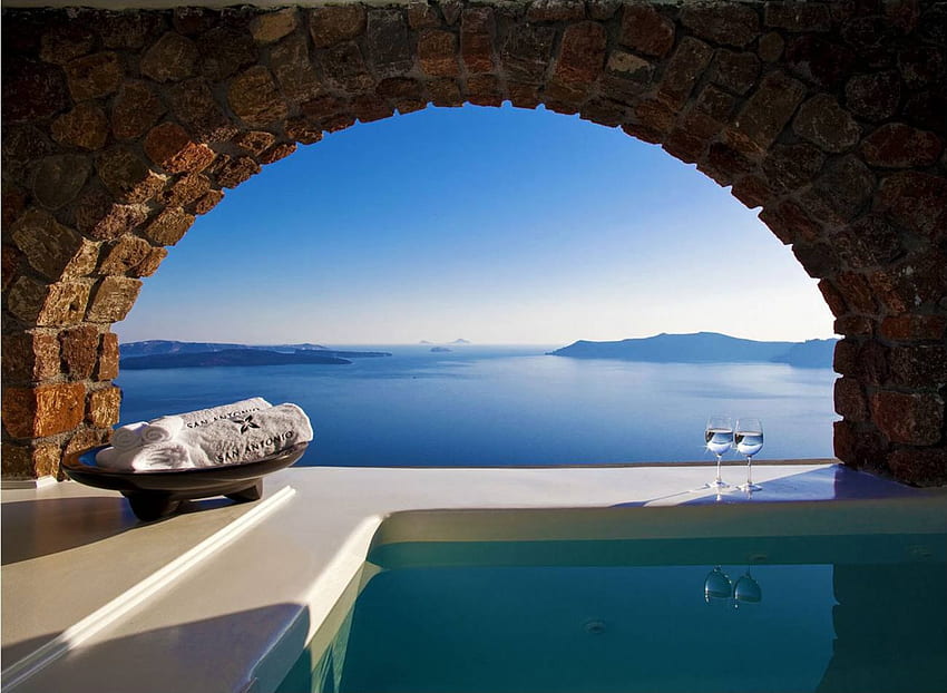 Wschód słońca na Santorini, basen, Santorini, ręczniki, Grecja Tapeta HD